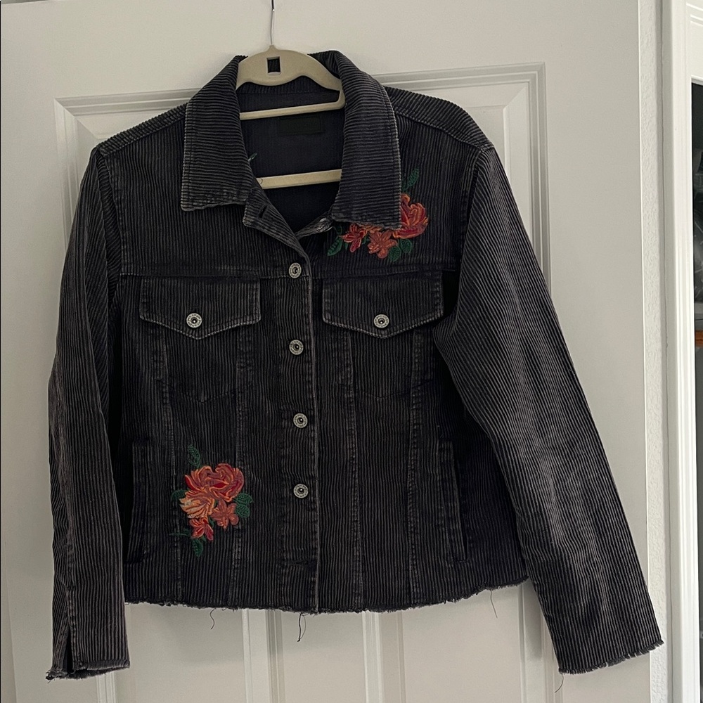 Umgee Black Corduroy Jacket with Floral Embroidery